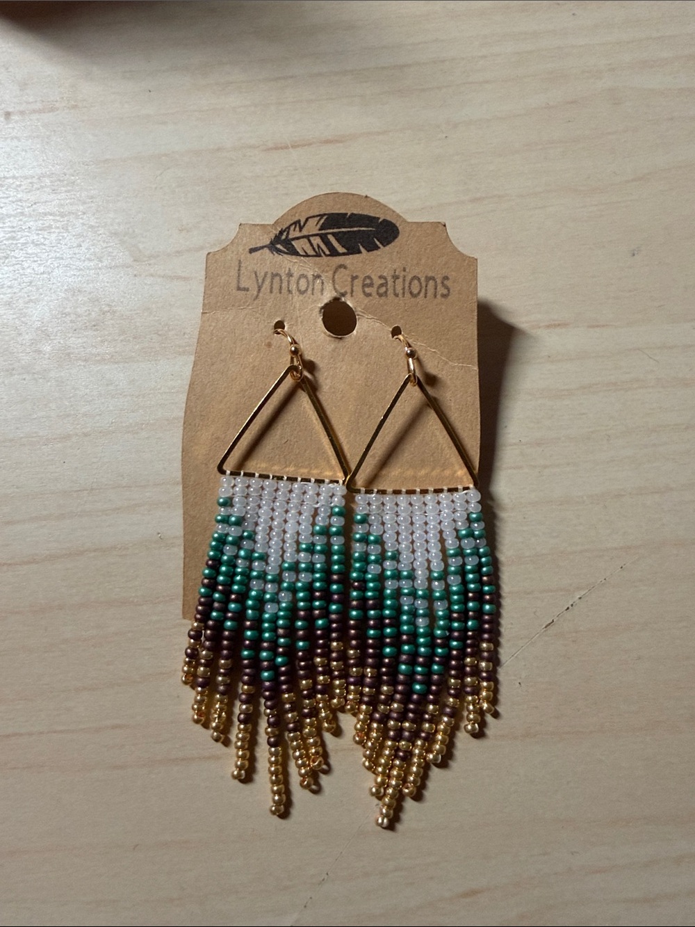 Indigenous White, Turquoise, Bronze,& Gold Beaded Fringe Earrings